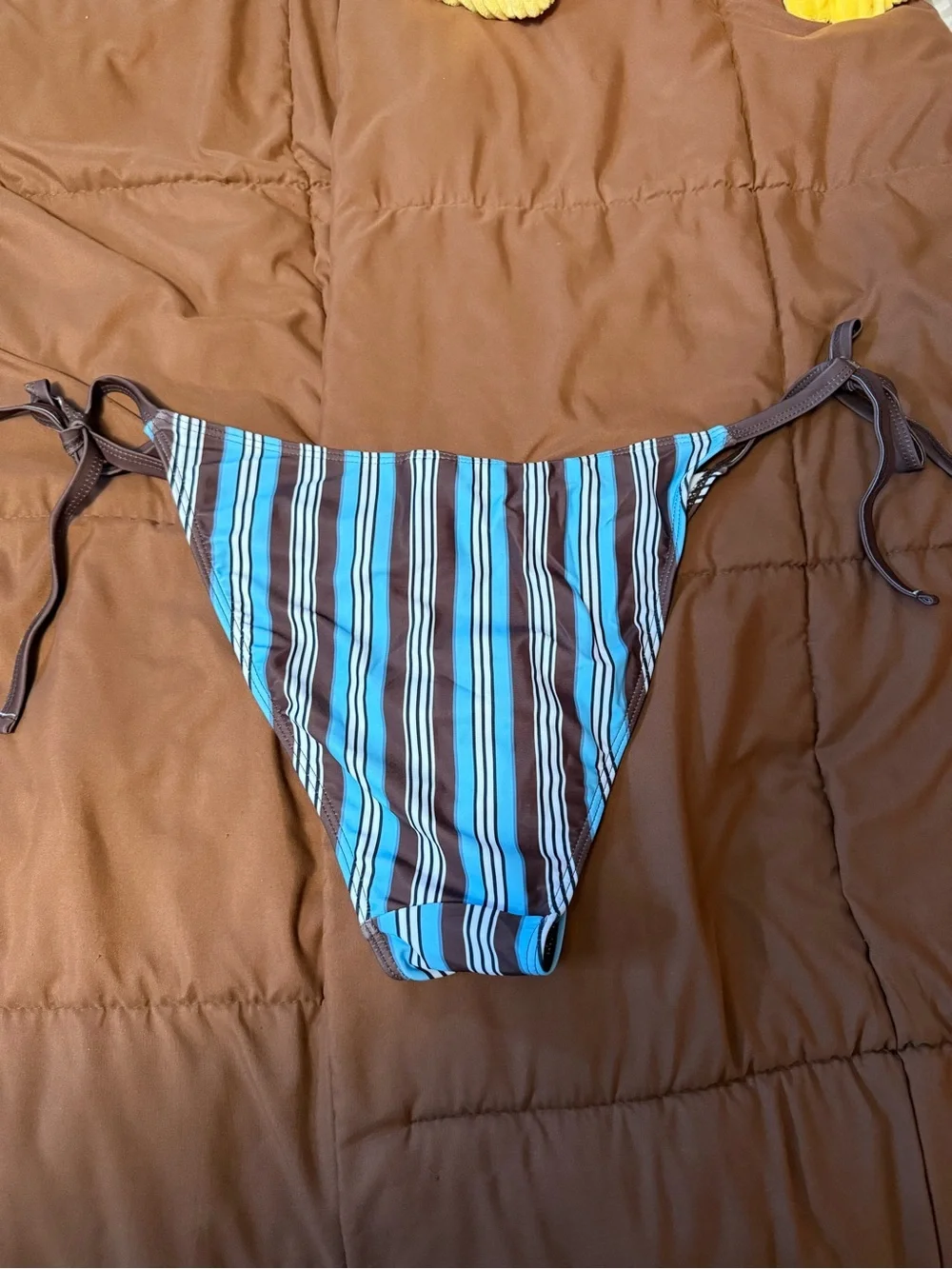 SHEIN blue, brown, and white vertically striped tie bikini bottoms Size 1XL